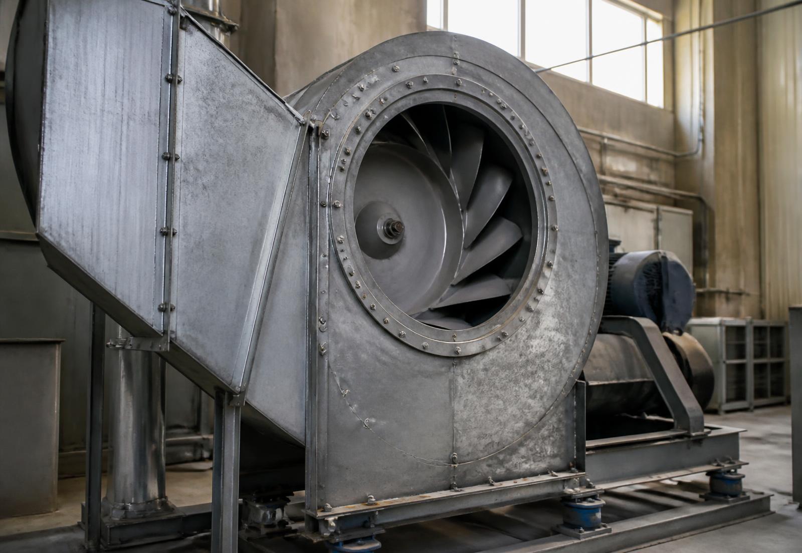 Industrial centrifugal fan with backward-curved impeller inside a plant room