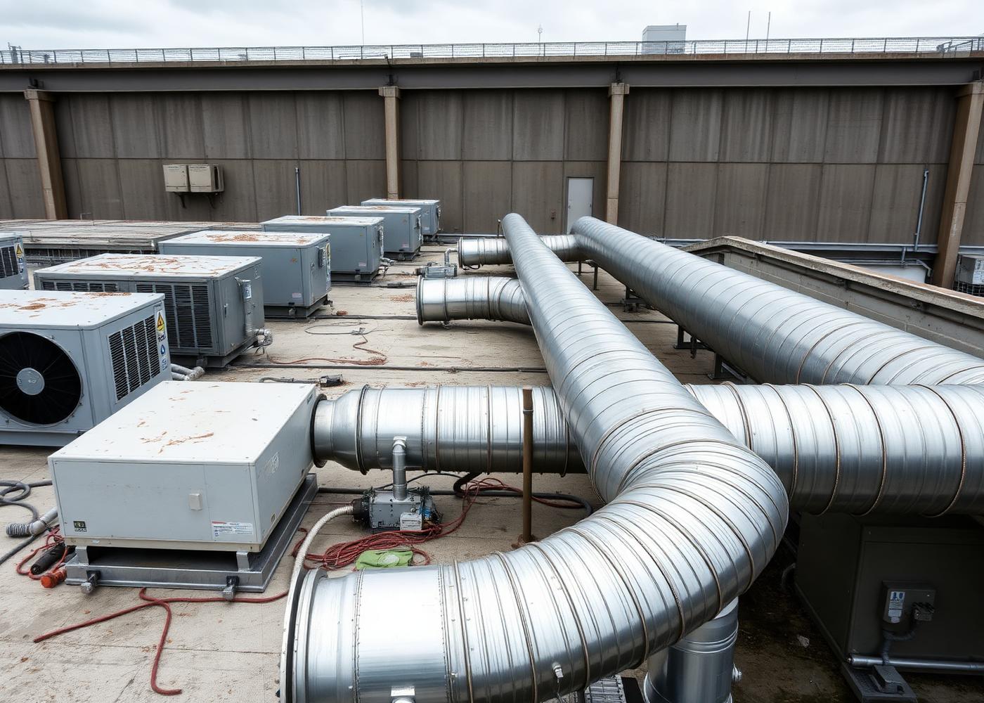 Rooftop mechanical plant with air handling units and spiral ductwork runs