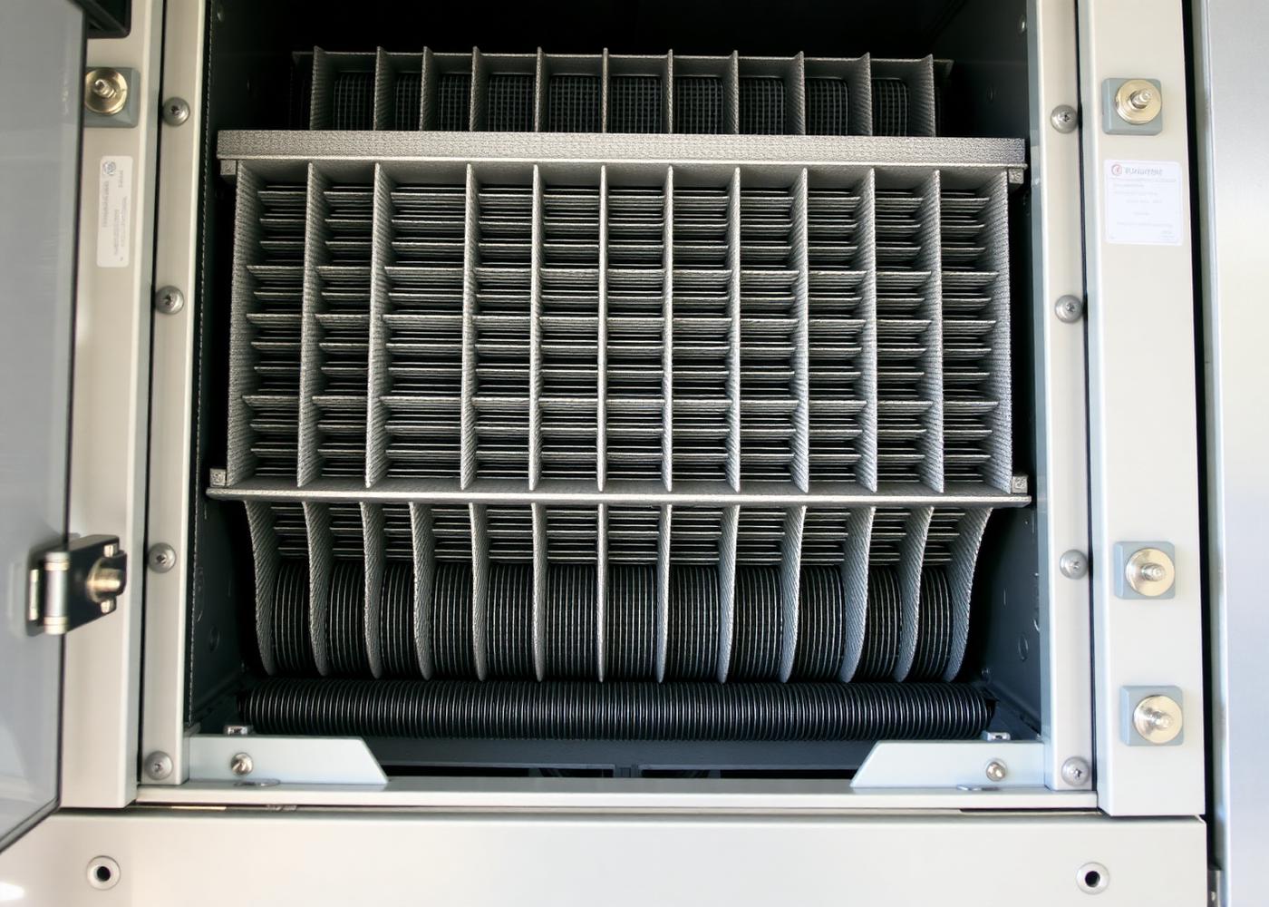 Interior of an air handling unit showing filter frames and coil surfaces