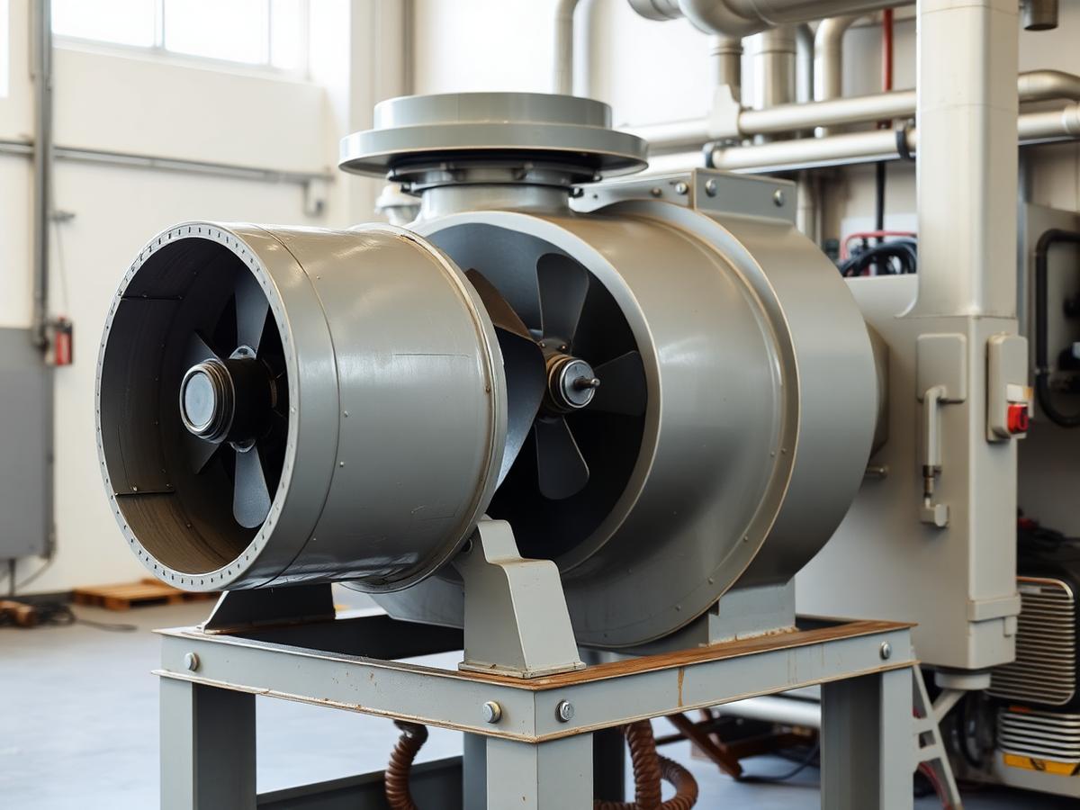 Belt-driven centrifugal HVAC fan on a steel base frame in a mechanical room