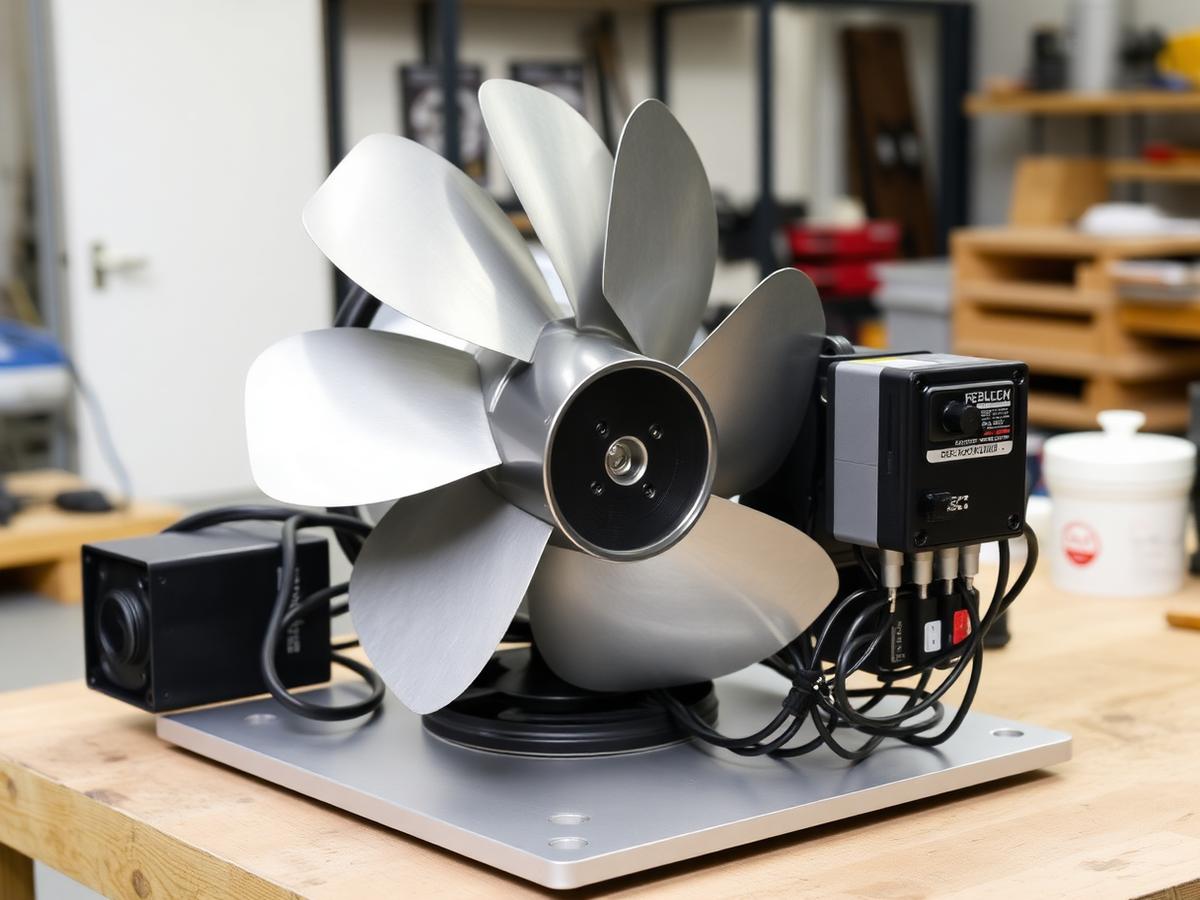 EC plug fan module with aluminium impeller and integrated electronics on a workshop bench
