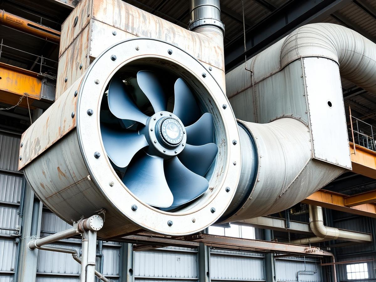 Heavy-duty industrial fan connected to large steel extraction ducting in a factory hall