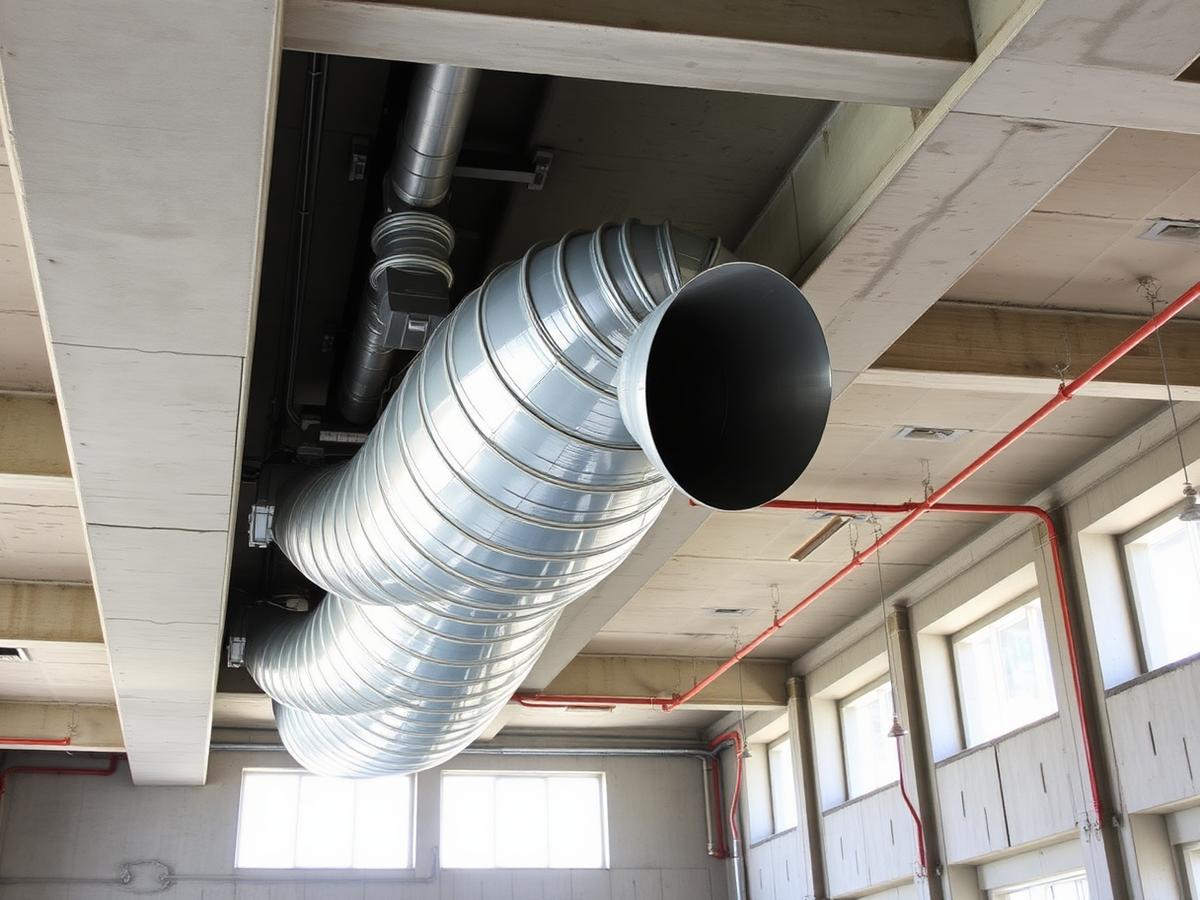 Spiral galvanised ventilation ductwork running below a concrete ceiling