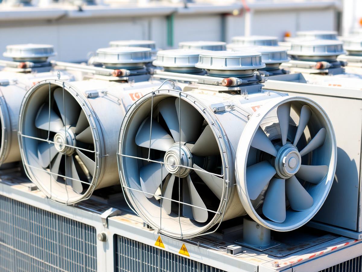 Bank of axial condenser fans with wire guards on an air-cooled condenser unit