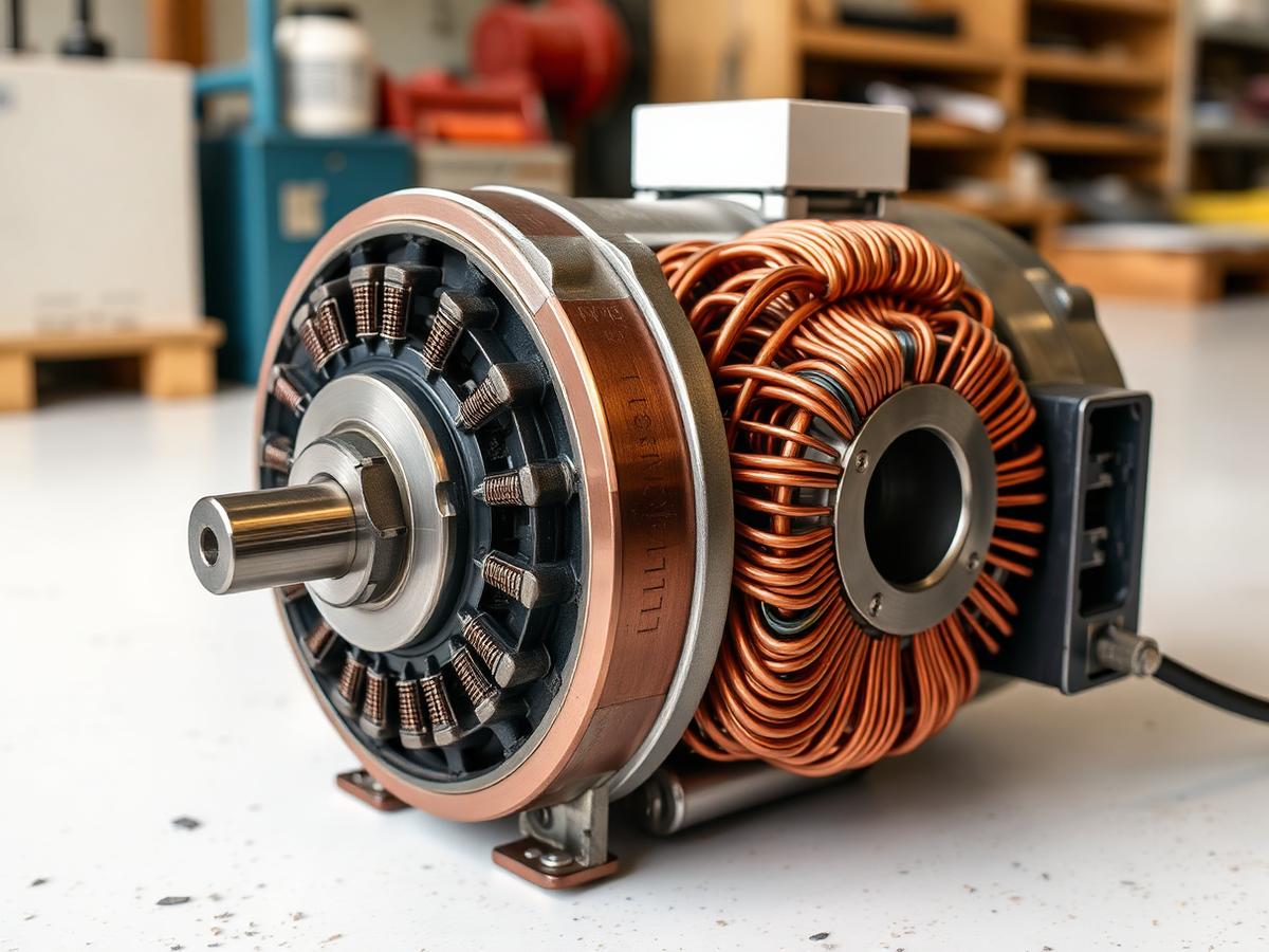 Electric motor stator with copper windings and machined shaft on a workshop surface
