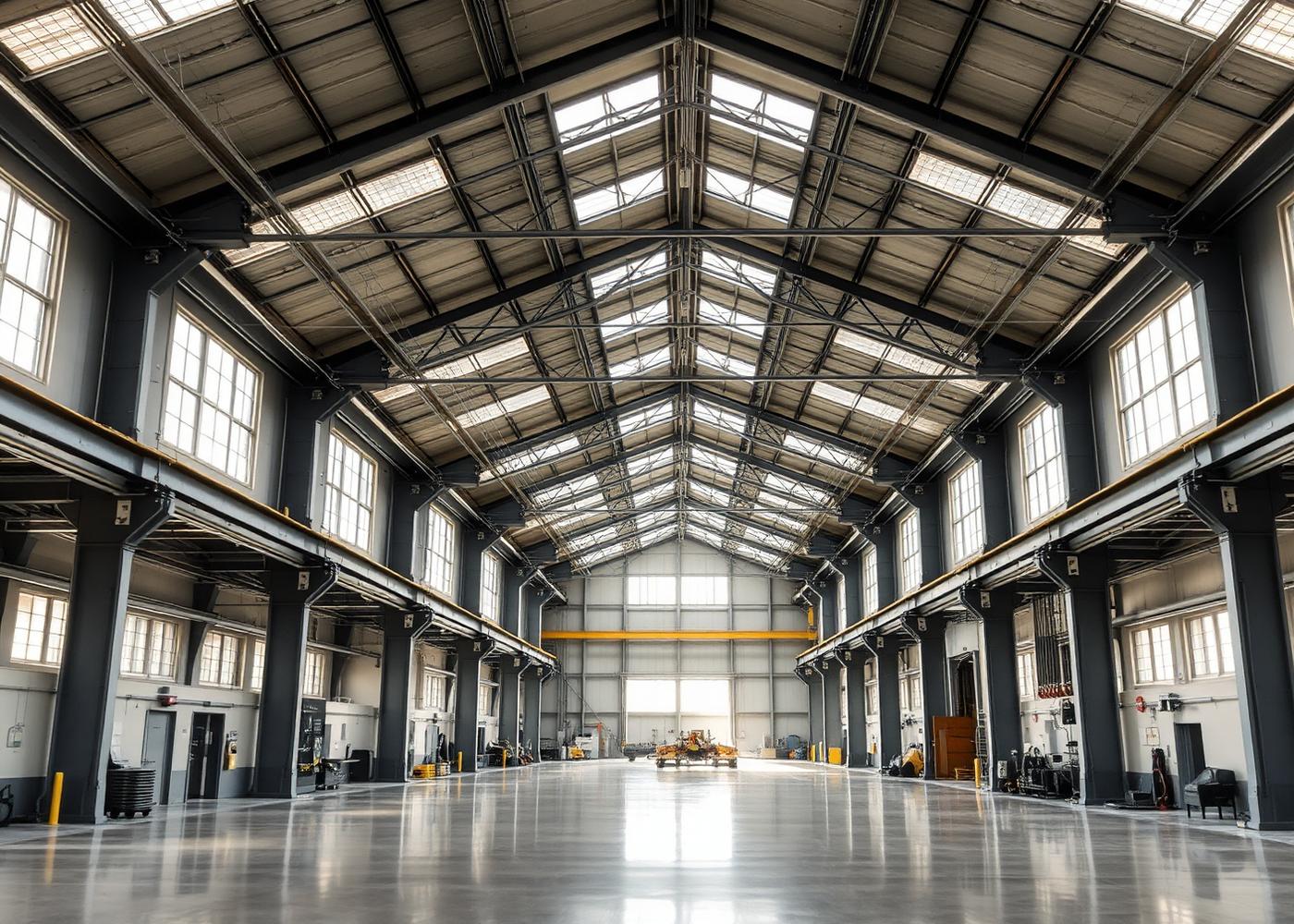 Wide industrial manufacturing hall with overhead ventilation ductwork