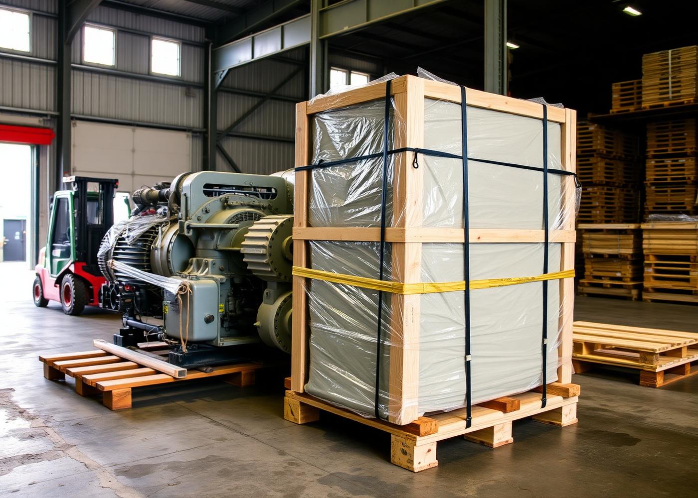 Industrial machinery crated and strapped on pallets in a warehouse ready for export